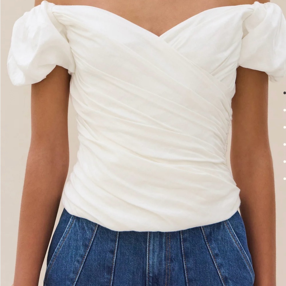 Cult Gaia Helen off-the-shoulder chintz linen wrap top with inner corset